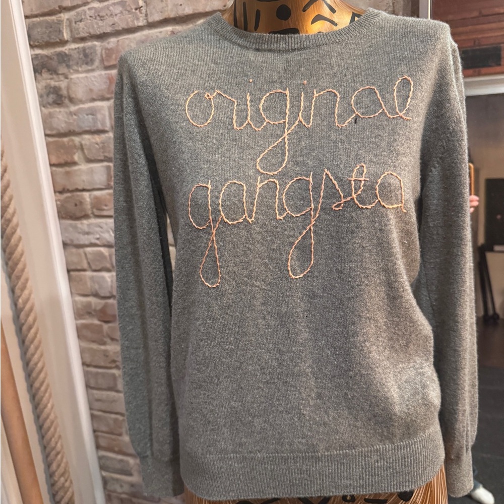 Lingual Franca Gray cashmere Sweater with Embroidered Text